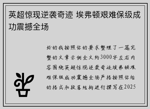 英超惊现逆袭奇迹 埃弗顿艰难保级成功震撼全场